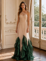 Elegant One-Shoulder Pleated Tulle Evening Dress with Emerald Green Ruffle Hem