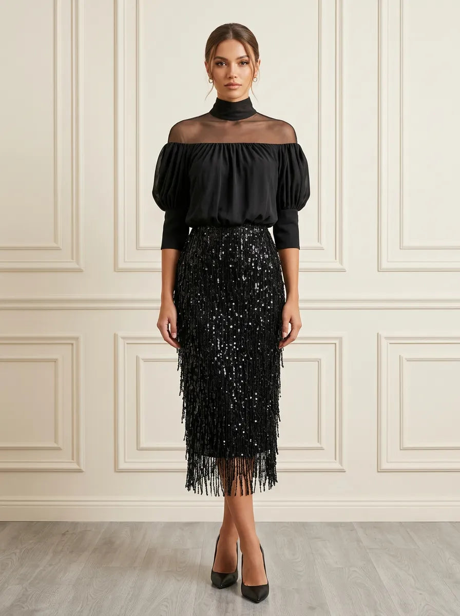 Mock Neck Sheer Illusion Sequin Fringe Evening Dress