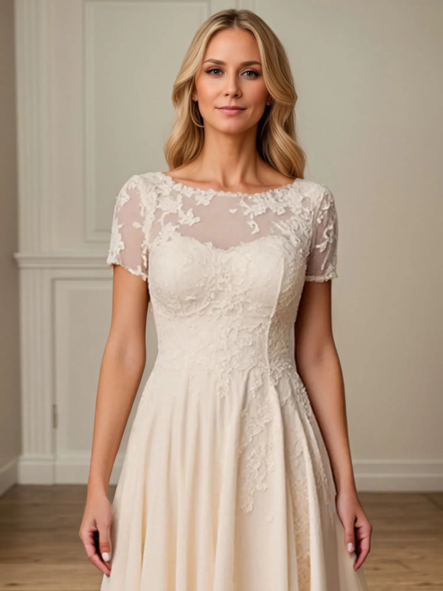 A Line Scoop Neck Short Sleeve Chiffon Mother of the Bride Dress