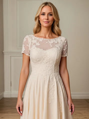 A Line Scoop Neck Short Sleeve Chiffon Mother of the Bride Dress