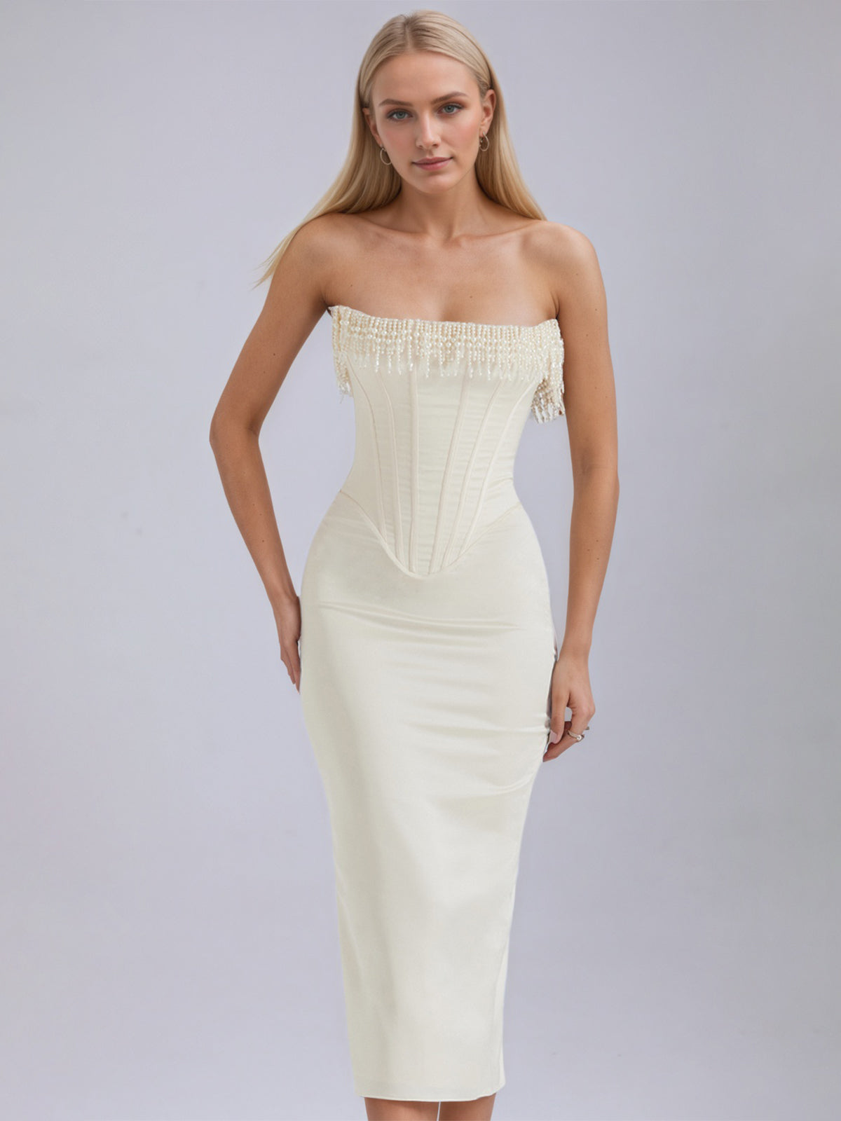 Vintage Cream Embellished Strapless Dress