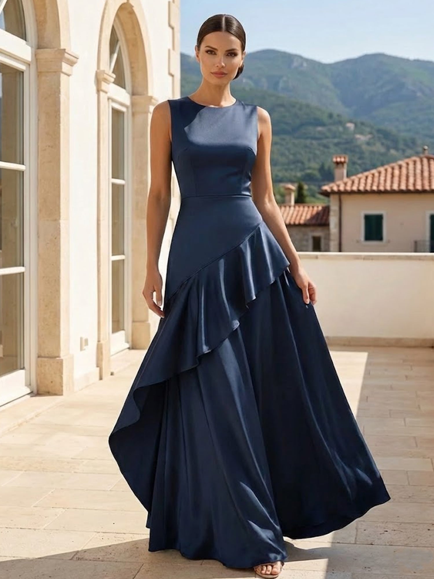 Navy Blue Evening Dress with Ruffle O Neck A Line Maxi Dress
