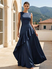 Navy Blue Evening Dress with Ruffle O Neck A Line Maxi Dress
