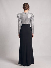 Puff-Sleeve Sequin Bodice Column Evening Dress with Cascading Side Ruffle