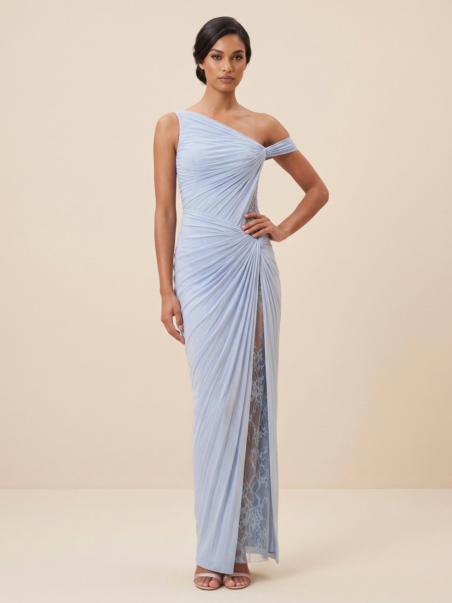 Elegant One-Shoulder Draped Maxi Dress with Lace Slit