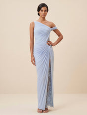Elegant One-Shoulder Draped Maxi Dress with Lace Slit