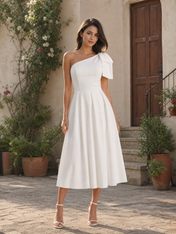One‑Shoulder Bow Satin Midi Wedding Dress