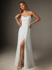 White A-Line Strapless Chiffon Wedding Dress
