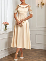 Beige Lace Satin Crew Neck Short Sleeve A-Line Midi Dress