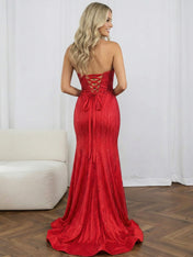 Red Strapless Sequin Long Prom Dresses with Linear Beading