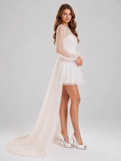 Illusion Pearl Tulle Long Sleeve Mini Bridal Dress with Detachable-Look Cathedral Train