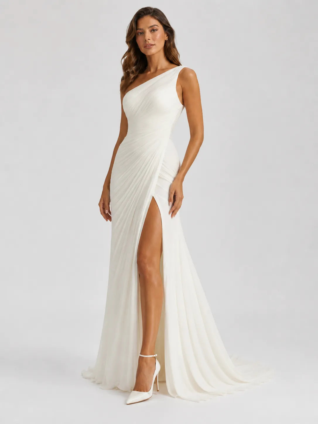 Elegant One-Shoulder Ruched Chiffon Sheath Wedding Dress with High Slit and Sweep Train