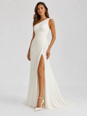 Elegant One-Shoulder Ruched Chiffon Sheath Wedding Dress with High Slit and Sweep Train