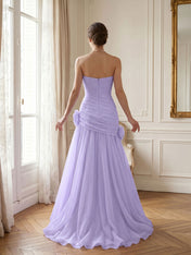 Lilac 3D Rosette Strapless Chiffon Evening Formal Gown Wedding Guest Dress