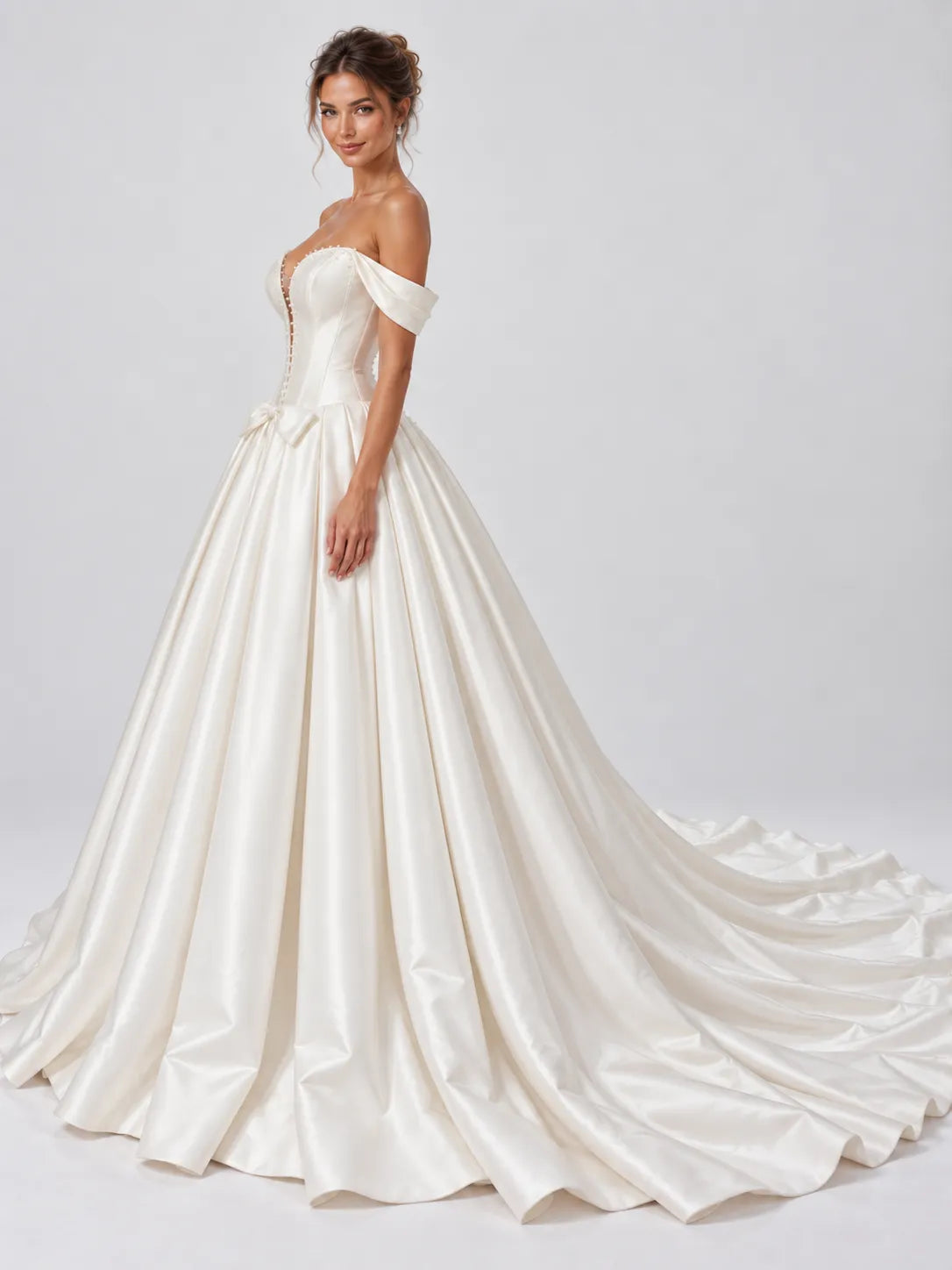 Off-The-Shoulder Beaded Plunge Satin Ball Gown Wedding Dress