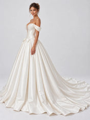Off-The-Shoulder Beaded Plunge Satin Ball Gown Wedding Dress