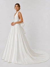 Elegant Halter Deep V-Neck Satin Ball Gown Wedding Dress with Oversized Back Bow and Cathedral Train