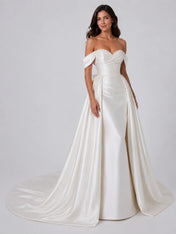 Elegant Off-Shoulder Satin Wedding Dress with Ruched Sweetheart Bodice, Overskirt, Beading and Chapel Train