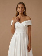 Off the Shoulder Ruched Pleat Satin Midi Wedding Dress with Bow