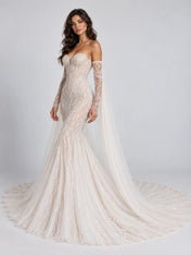 Off-the-Shoulder Illusion Branch-Embroidered Mermaid Wedding Dress with Dramatic Draped Sleeves