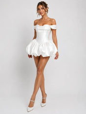 Elegant Off-Shoulder Satin Mini Wedding Dress with Corset Detail, Lace-Up Back and Bubble Skirt