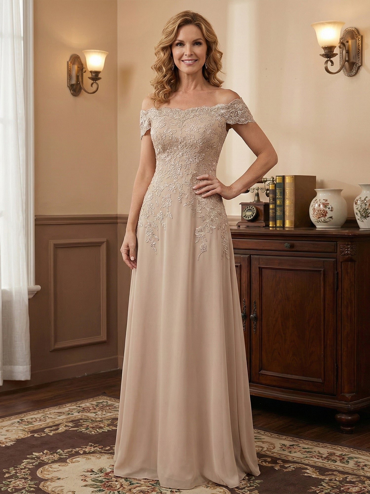 Elegant Taupe Off The Shoulder Sheath Mother of the Bride Dress with Lace