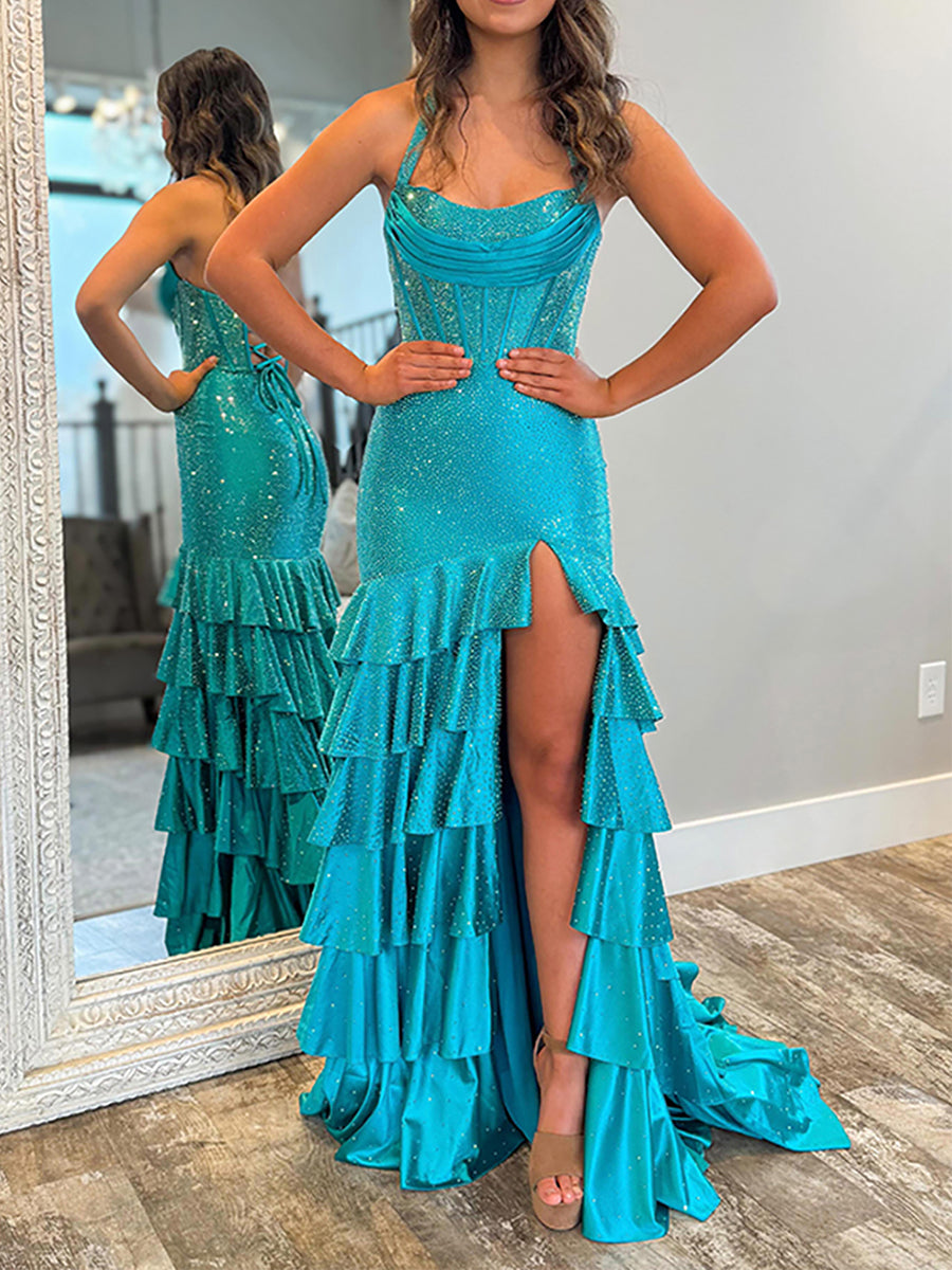 Red Shimmer Halter Tiered Ruffle Long Prom Dress with Slit