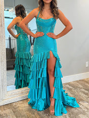 Red Shimmer Halter Tiered Ruffle Long Prom Dress with Slit