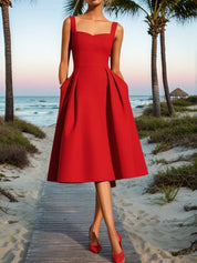 Red Pocket Stitching Classic Sweetheart Neckline Sleeveless A-Line Midi Dress