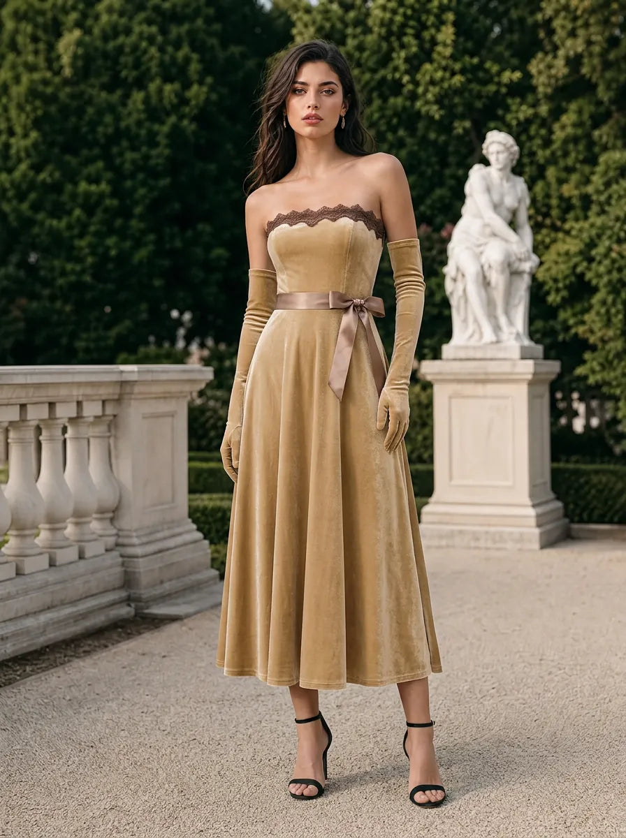 Golden Velvet Strapless Midi Dress with Matching Gloves and Satin Bow Sash