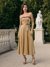 Golden Velvet Strapless Midi Dress with Matching Gloves and Satin Bow Sash