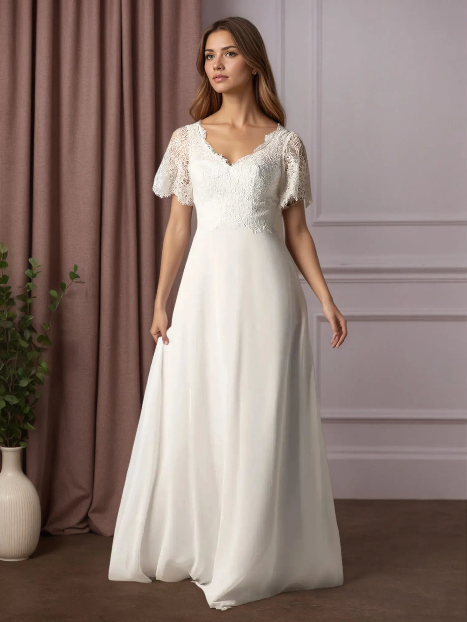 White A-Line V-Neck lace Chiffon Wedding Dress