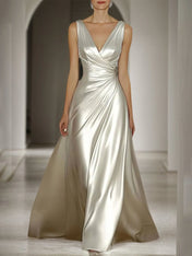 Evening Prom Satin Dress Off-White Sleeveless V-Neck Maxi Dress