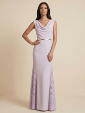 Lilac Sleeveless Cowl Neck Mermaid Gown with Lace Side Slits