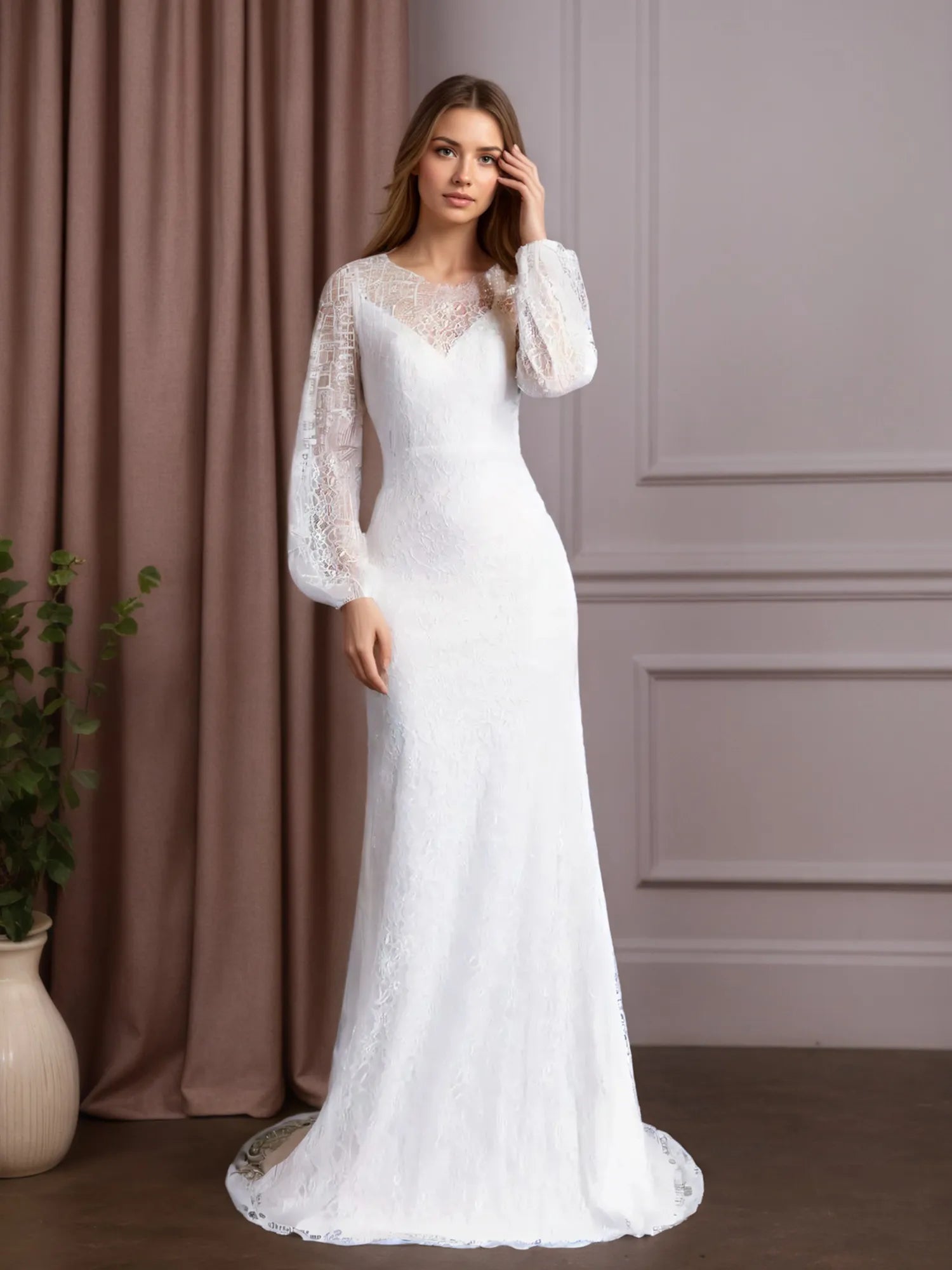 White Mermaid Scoop Neck Lace Wedding Dress