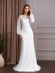 White Mermaid Scoop Neck Lace Wedding Dress