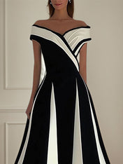 A Line Elegant Black&White Chiffon Off the Shoulder Sleeveless Floor Length Dress