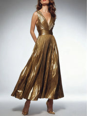 A-Line Metallic Pleated V-Neck Formal Dress