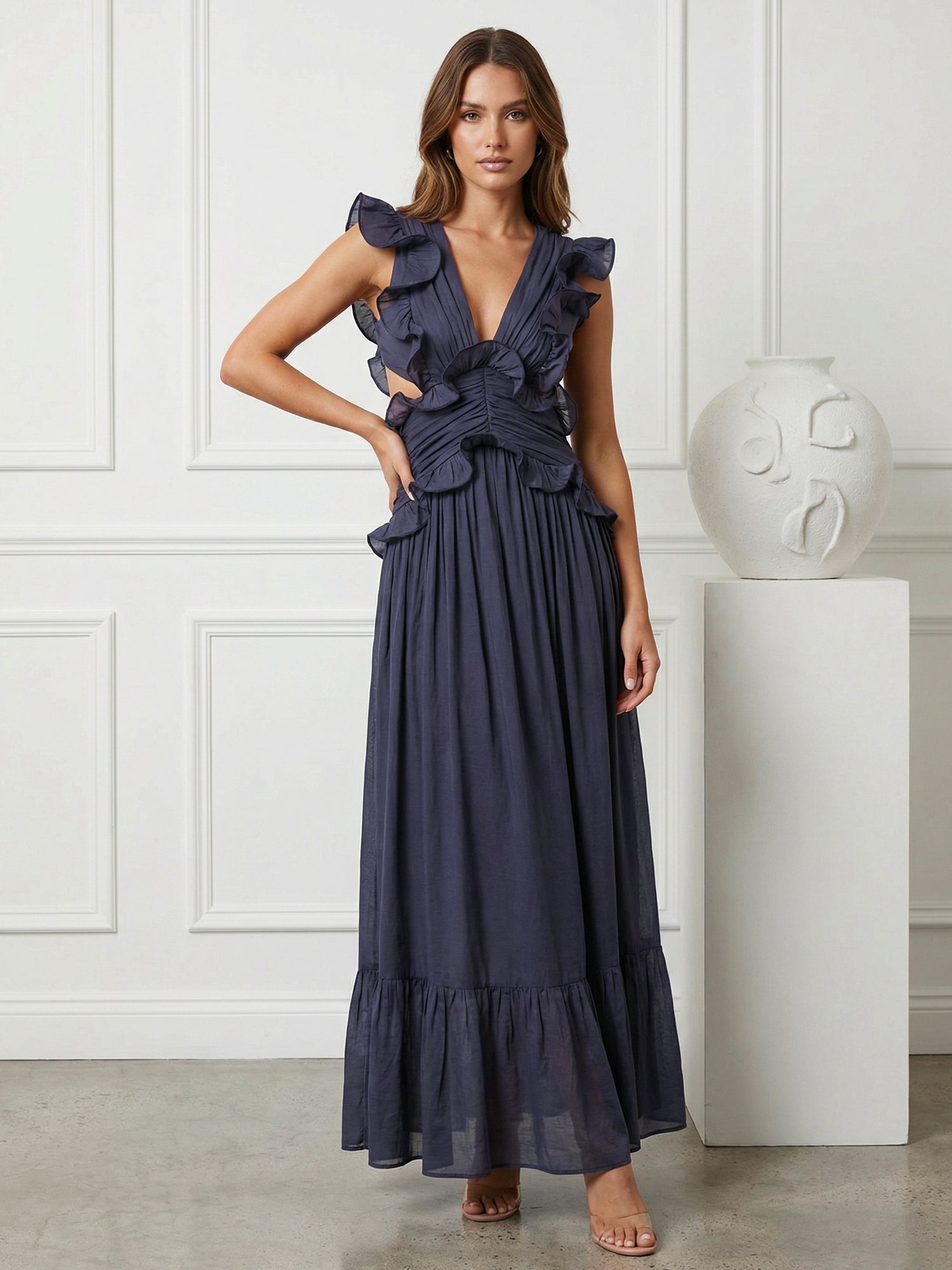 Black V Neck Chiffon A Line Tea Length Maxi Dress with Ruffle