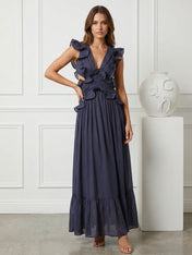 Black V Neck Chiffon A Line Tea Length Maxi Dress with Ruffle