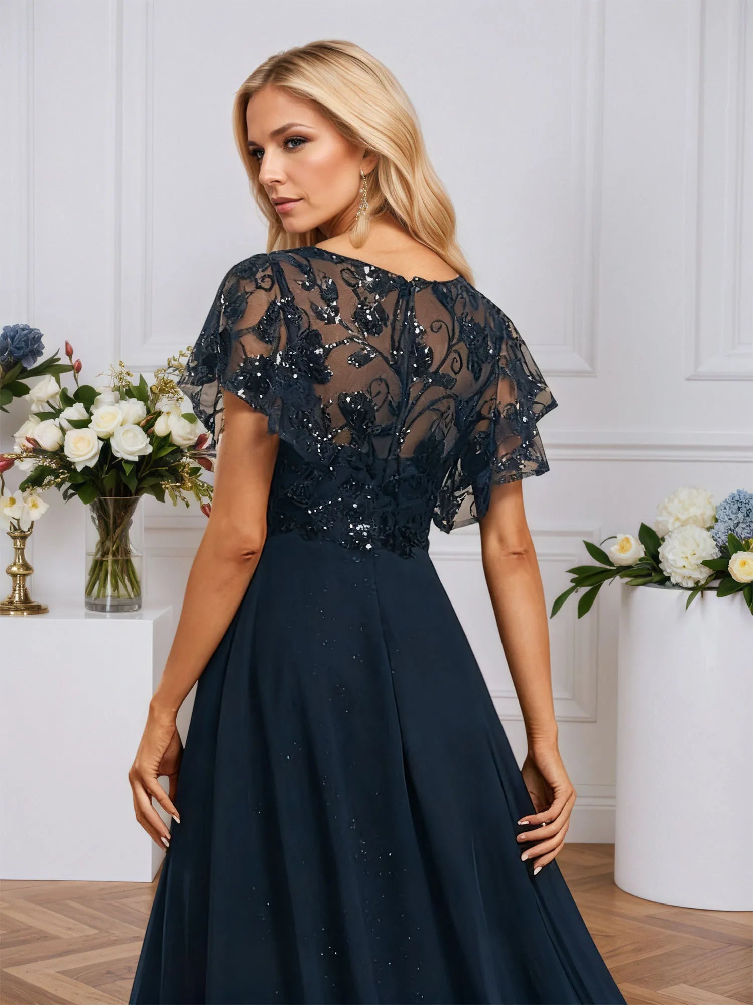 Dreamylily Women Sheath/Column Illusion V-Neck Floor-Length Sequin Chiffon Lace Evening Dress With Overskirt Dreamylily Women Sheath/Column Illusion V-Neck Floor-Length Sequin Chiffon Lace Evening Dress With Overskirt
