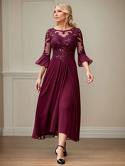 A Line Scoop Neck Applique Tea Length Mother of the Bride Dress