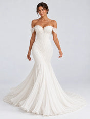 Off-the-Shoulder Pleated Chiffon Mermaid Wedding Dress with Sweep Train