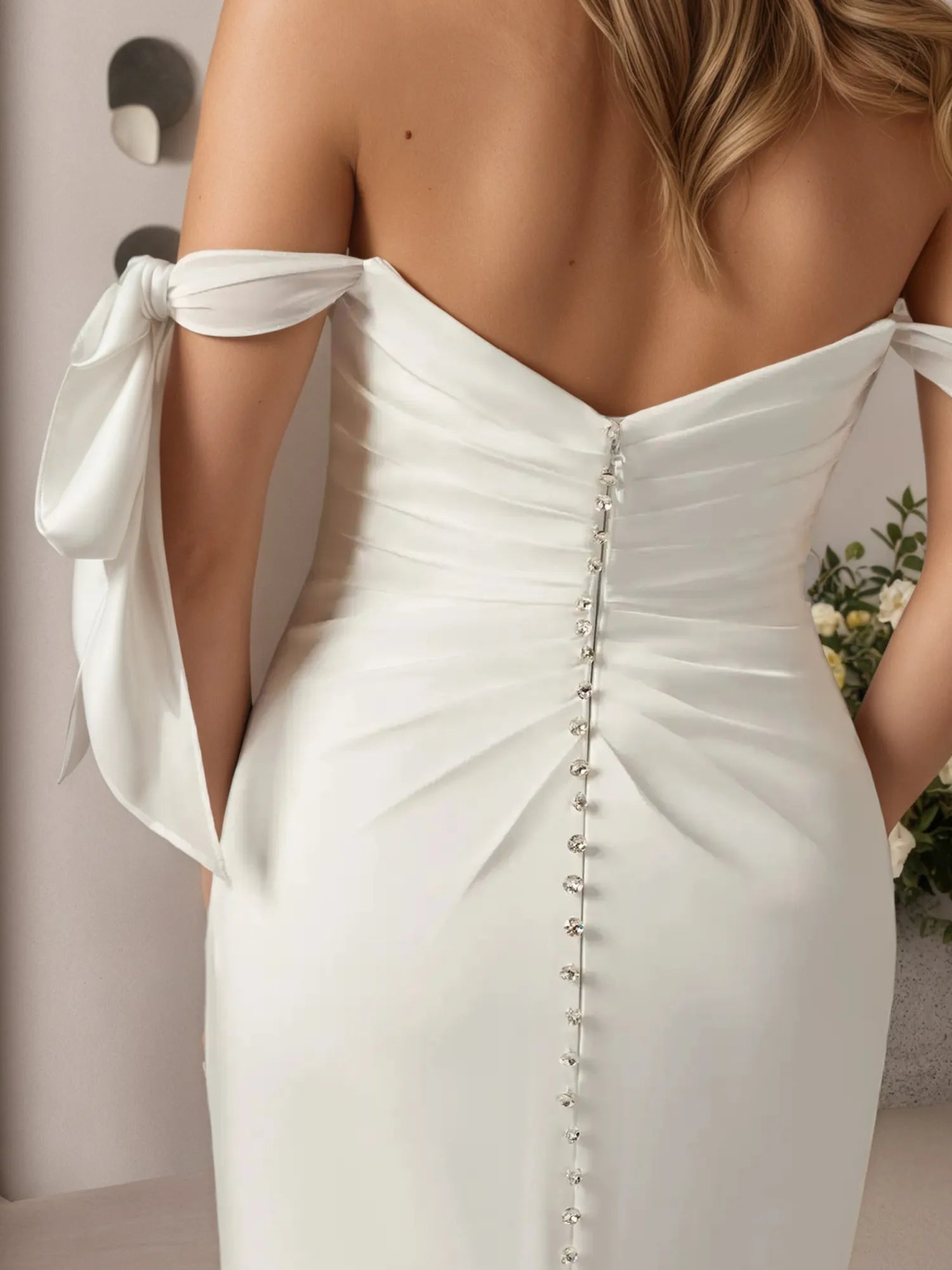 White Mermaid Off the Shoulder Crepe Back Satin Wedding Dress
