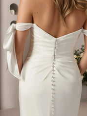 White Mermaid Off the Shoulder Crepe Back Satin Wedding Dress