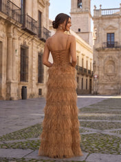 Spaghetti Strap Corset Lace & Feather Tiered Long Prom Dress