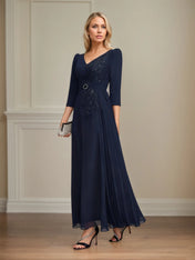 A-line V-Neck Ankle-Length Lace Chiffon Mother of the Bride Dress With Pleated Sequins