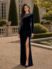 Asymmetric Sequin Illusion Velvet Evening Dress
