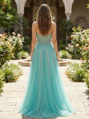 Strapless Beaded Tulle A-Line Long Prom Dress