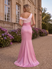 One-Shoulder Two-Tone Satin Mermaid Prom Dress with Oversized Bow and Sweep Train